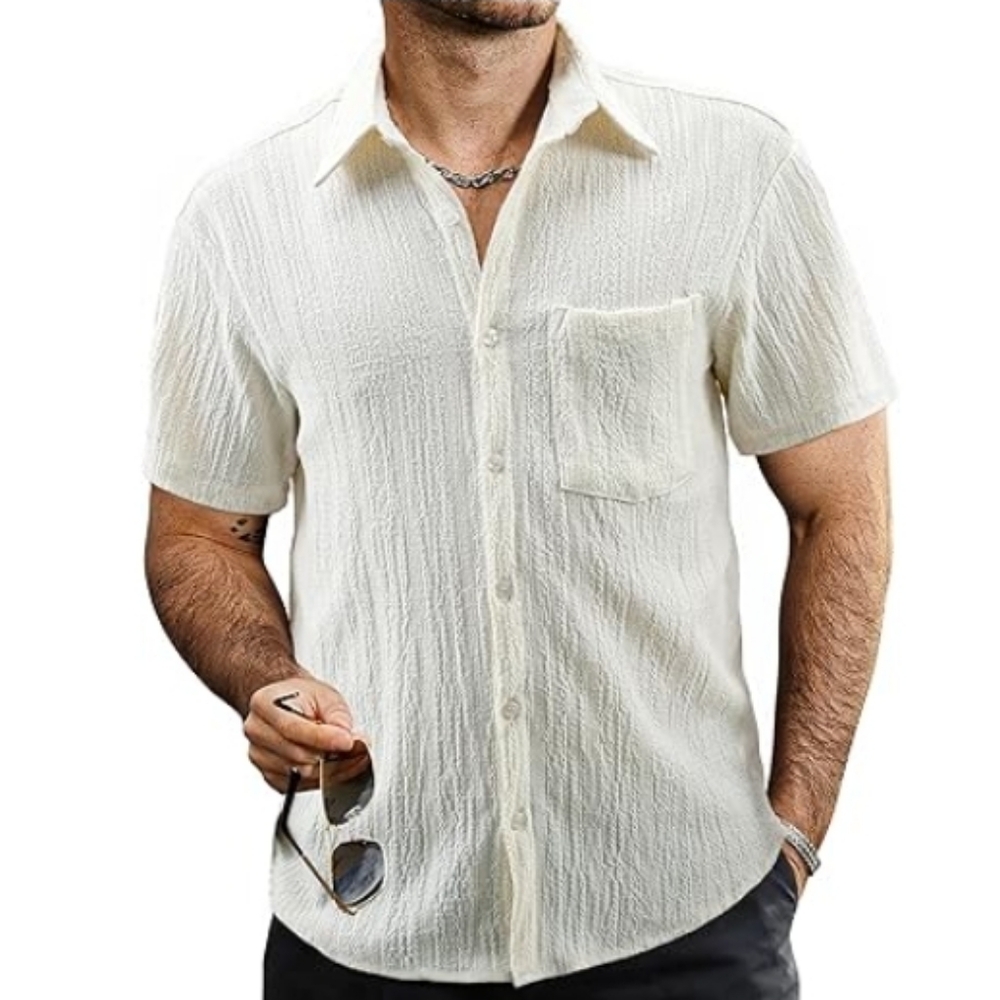 Mens Summer Striped Button Down Short Sleeve Hawaiian Shirt Beige